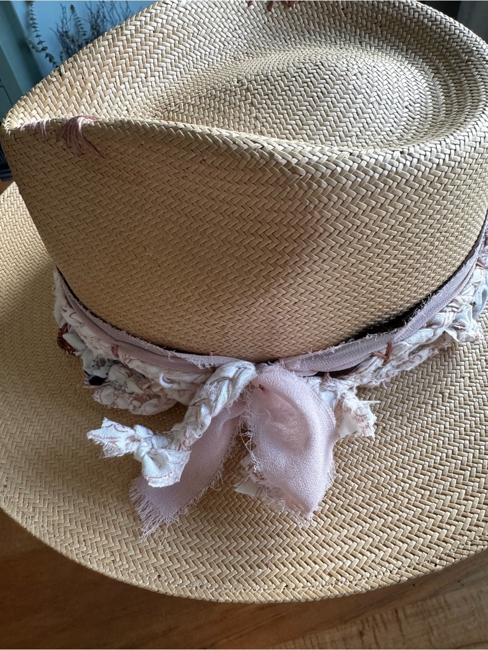 Vintage Straw Fedora Hat with Handmade Blush Band - Picture 11 of 16